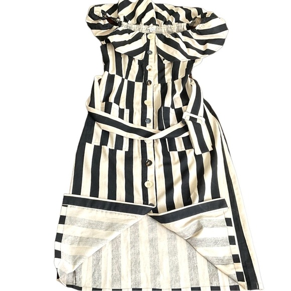 Moon River Black Tan Stripe Linen Cotton off the shoulder Dress Pockets SZ M - Picture 4 of 11